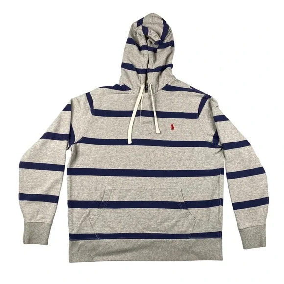 Vintage Ralph‎ Lauren Polo Rugby Striped Hooded Sweatshirt Size L Blue Gray