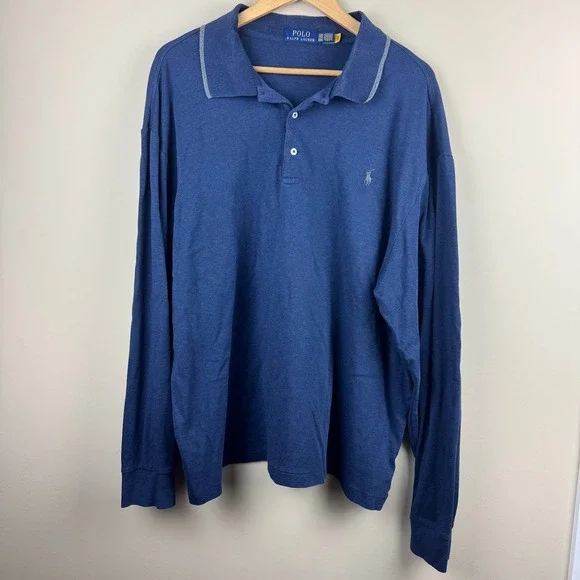 Polo Ralph Lauren Mens 2XB Blue Long Sleeve Polo‎ Shirt Heathered Grey Trim Pony