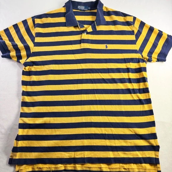 Polo Ralph Lauren Polo Shirt Mens XXL Yellow Navy Blue Striped Cotton Pique Pony