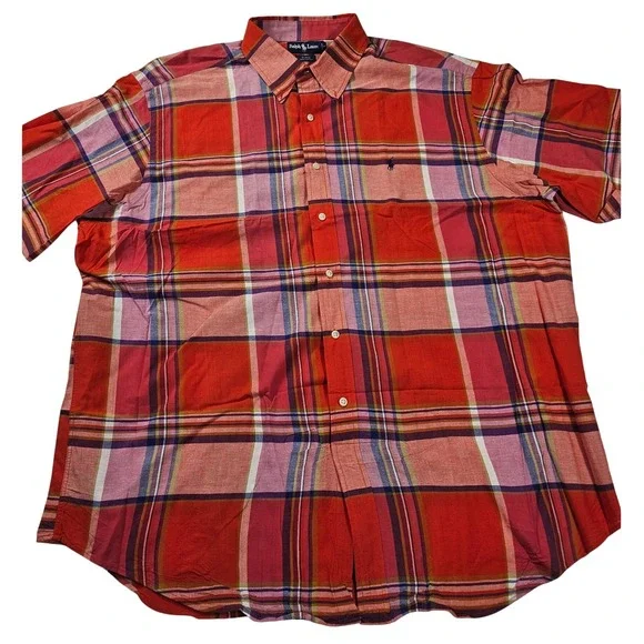 Polo Ralph Lauren Blake Mens XXL Red Plaid Cotton Short Sleeve Button Down Shirt