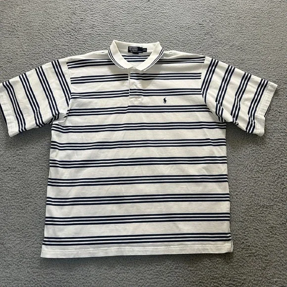 Polo Ralph Lauren Polo Shirt Mens XXL White Navy‎ Striped Snap Collared Preppy