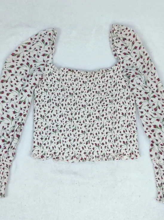 Reformation Cream Smocked Crop Top with Pink Floral Tulip Print Preowned