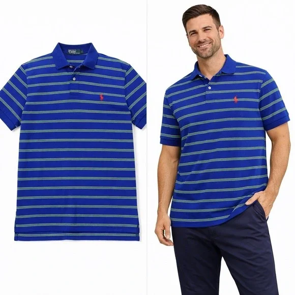 Polo Ralph Lauren Mens Large Blue Green Striped‎ Short Sleeve Cotton Polo Shirt