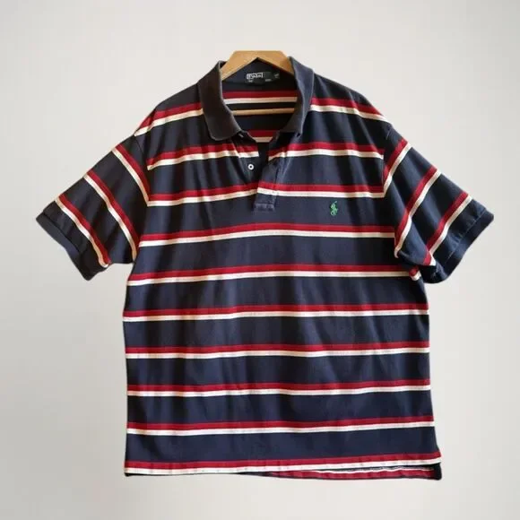 Polo Ralph Lauren Men Striped Preppy Polo Size 2XB Golf Nautical Equestrian Navy