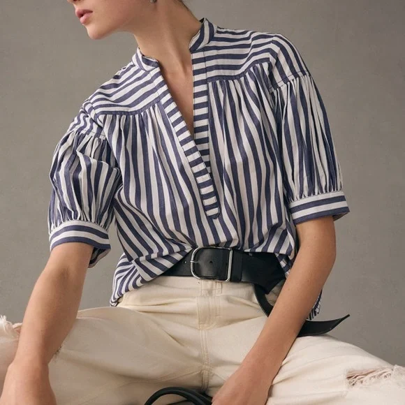 Anthropologie Darcy Navy and White Striped Puff-Sleeve Popover Blouse 2X