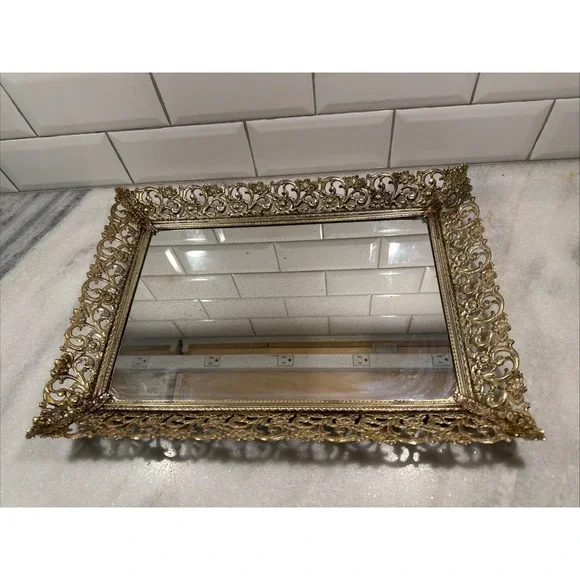 VTG Filigree Metal Gold Tone Footed Hollywood Regency Vanity Tray Mirror A002