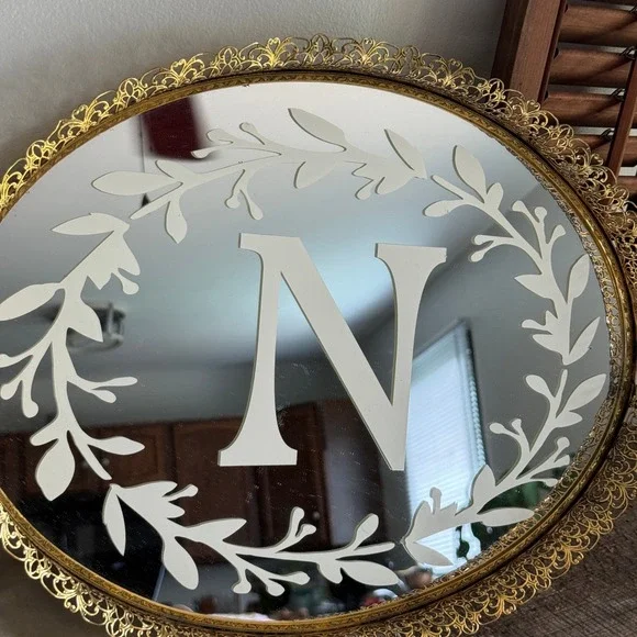 Vintage Ornate Gold Filigree Mirror Vanity Tray Hollywood Regency MCM Decor