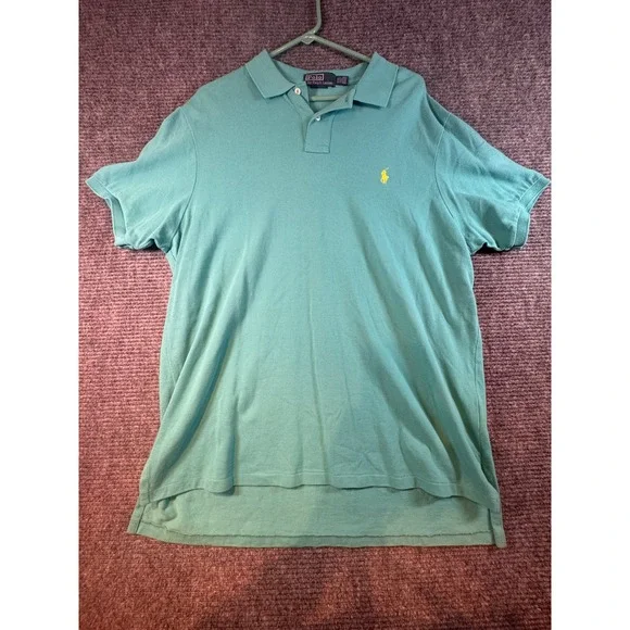 Polo Ralph Lauren Mens XXL Teal Blue Pique Cotton Short Sleeve Polo Shirt Yellow
