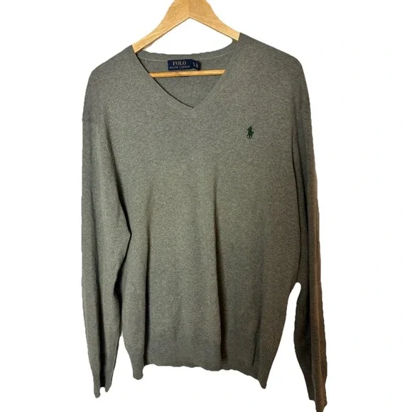 Polo Ralph‎ Lauren V Neck Sweater Men's Size XL Gray Pima Cotton Green Pony EUC