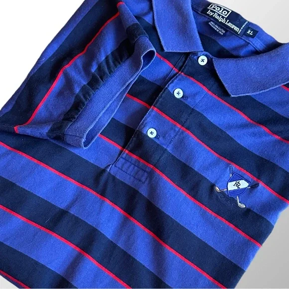 Polo Ralph Lauren Polo Men’s XL Blue striped polo‎ shirt with Golf Club Crest