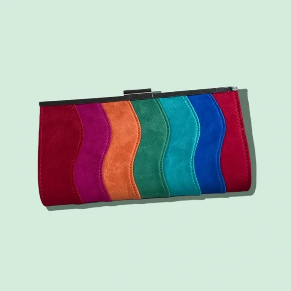 NWOT Red Orange Pink Blue Teal Wave Rainbow Soft Clutch Purse