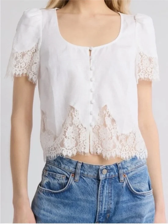 Reformation Josie White Lace-Trim  Button Up