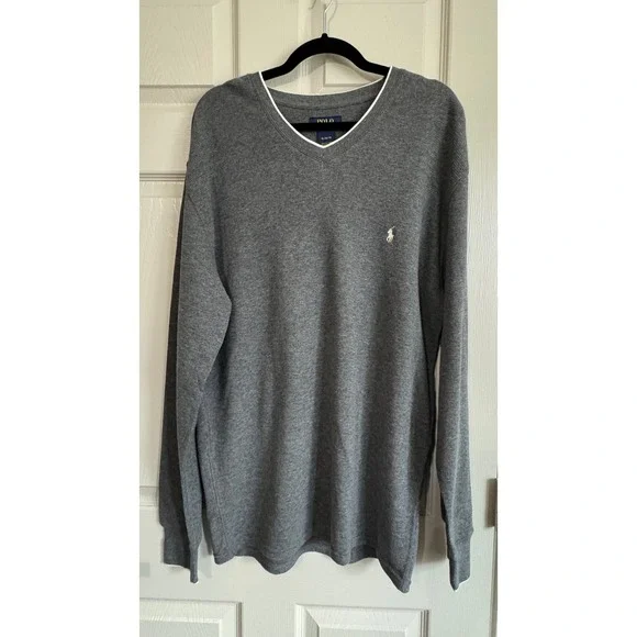 Polo Ralph Lauren Thermal Shirt Men XL Gray V-Neck Waffle Knit Pony Logo NEW