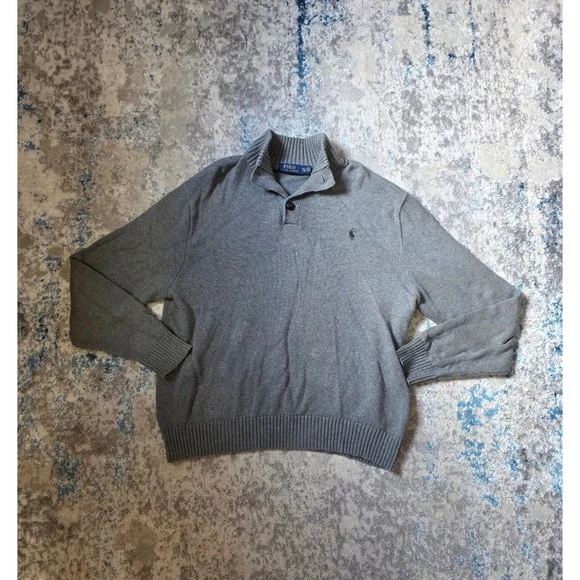 Polo Ralph‎ Lauren Men's XXL Grey 1/4 Button 100% Cotton Long Sleeve Sweater
