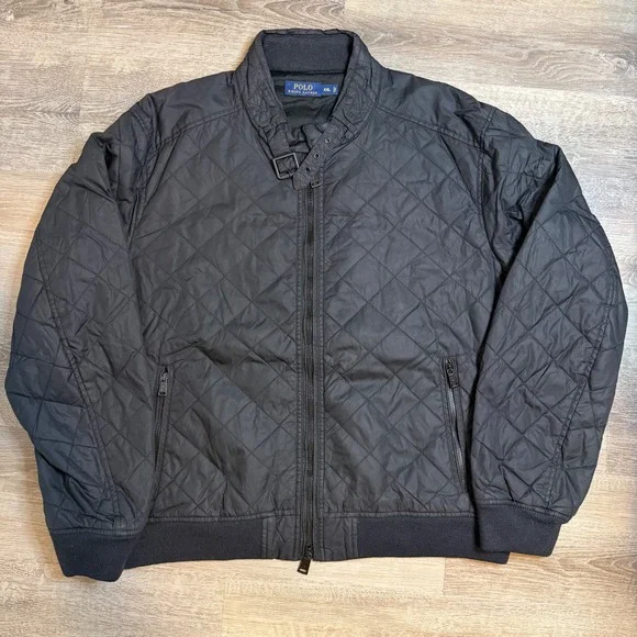 Polo‎ Ralph Lauren Mens XXL Black Quilted Bomber Jacket Full Zip Buckle Neck