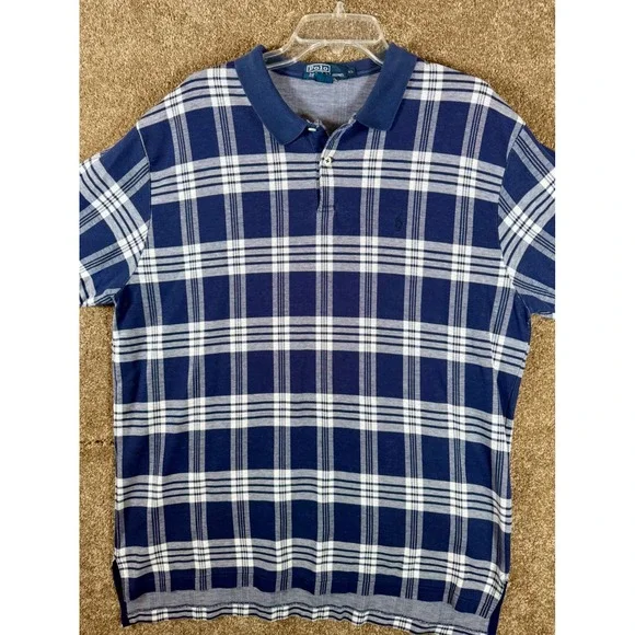 Polo Ralph Lauren Plaid Short‎ Sleeve Polo Shirt Mens XL Blue White