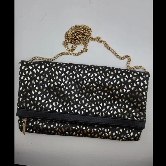 Black Gold Cutout Clutch Purse Fold Over Chain Strap Evening Bag