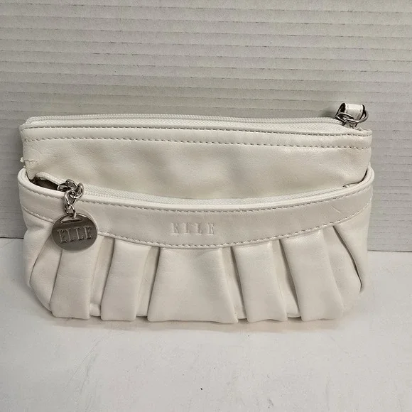 Elle Cream White Pleated‎ Clutch Wristlet Featuring Logo Charm