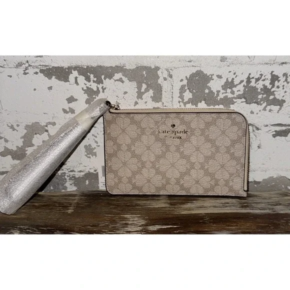 Kate Spade Medium Lucy L-Zip KG487 Leather Wristlet in Dark Beige Multi NWT NEW!