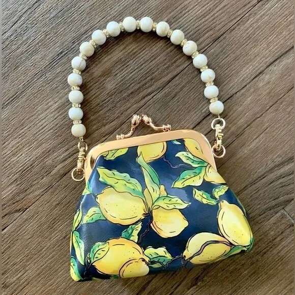 Handmade Genuine Cowhide Lemon Print Kisslock wallet/Wristlet/Coin purse