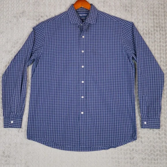 Polo Golf Ralph Lauren Shirt Mens L Blue Windowpane Check Westerton Cotton L/S
