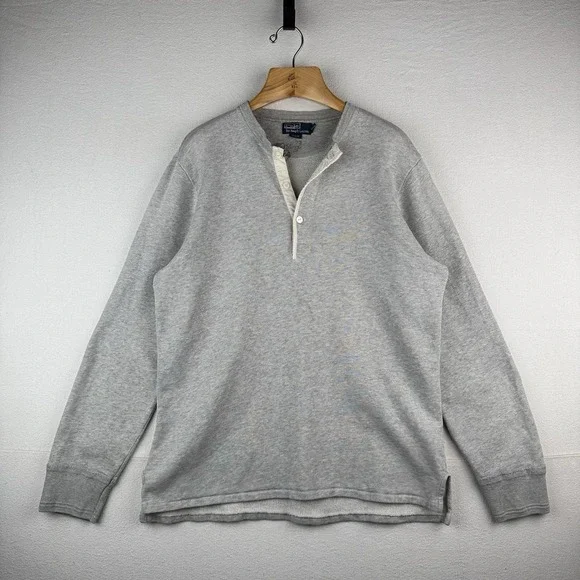 90s Vintage Polo Ralph Lauren Mens‎ Large Henley Sweatshirt Gray *Distressed