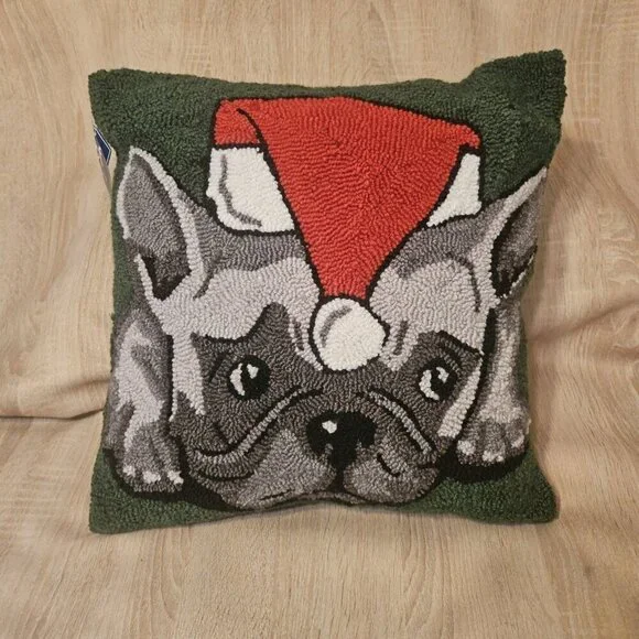C & F Enterprises Hooked Embroidered Pug Dog  Pillow With Insert New 18x18