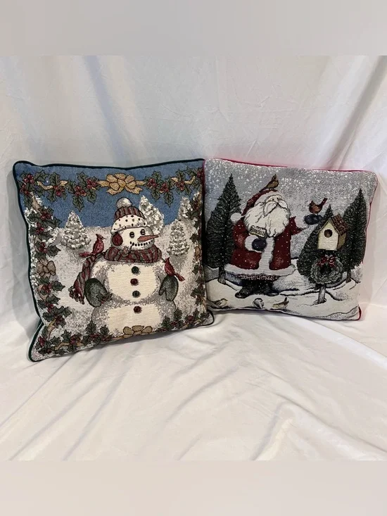 Set of 2 Christmas Tapestry Throw Pillows Santa Snowman