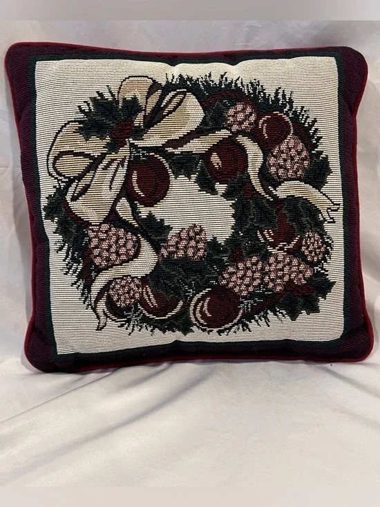 Christmas Tapestry Wreath Throw Pillow 12x12