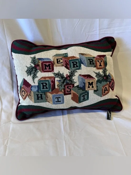 Vintage Newpoint Merry Christmas Tapestry Pillow Needlepoint Holiday Decor 15x12