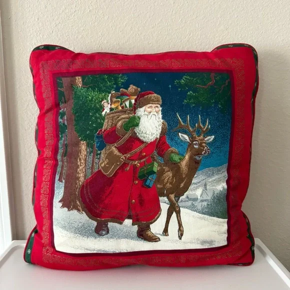 Old World Santa Claus and Reindeer Holiday Pillow
