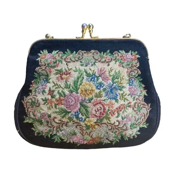 Vintage Tapestry Black Floral Needlepoint Purse Clutch Chain Strap Kiss Clasp