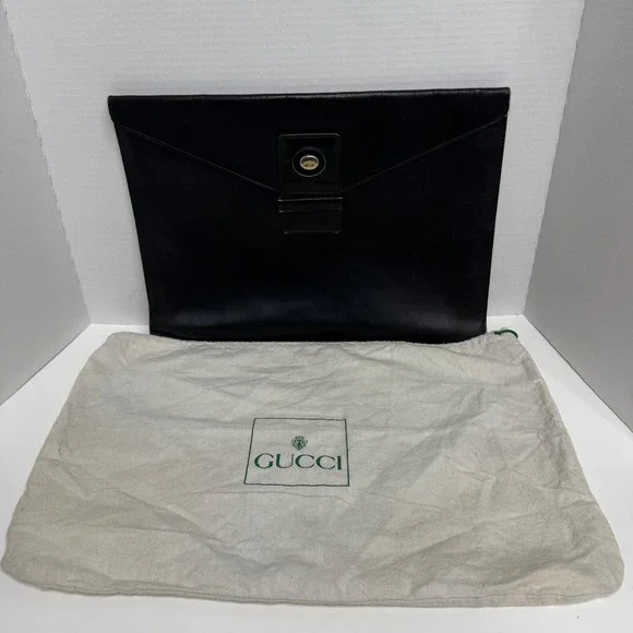 Gucci Vintage Black Leather Envelope Clutch Document Case Portfolio Italy