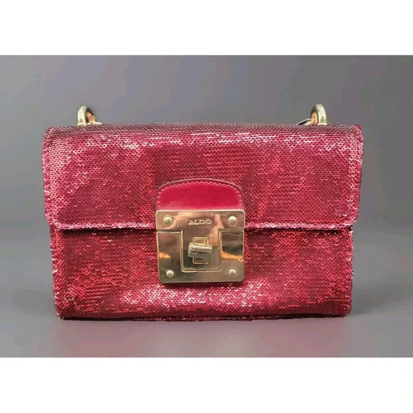 Aldo Red Sequent Handbag W/ Yellow Metal Chain Adjustable‎ Evening Event Purse