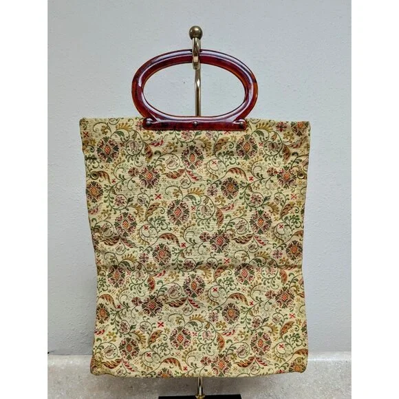 Vintage MCM Womens Handbag Floral‎ Adjustable Tortoise Shell Handles Art Deco