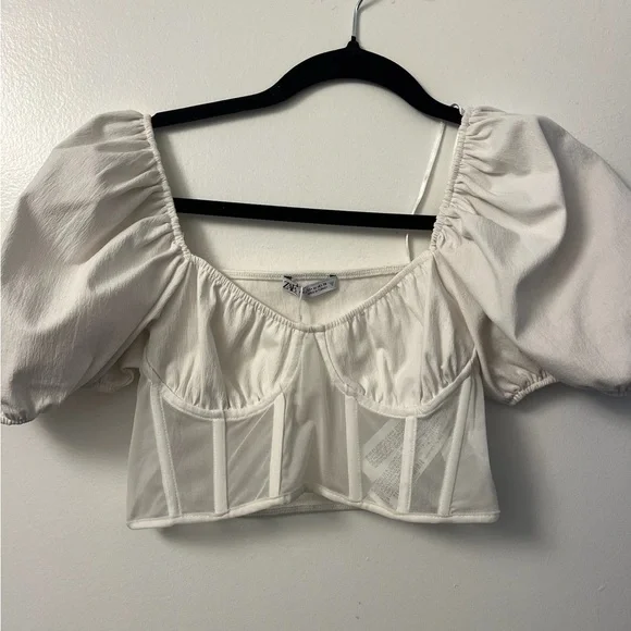 NWT! Zara Cream Puff Sleeve Blouse corset sheer size S