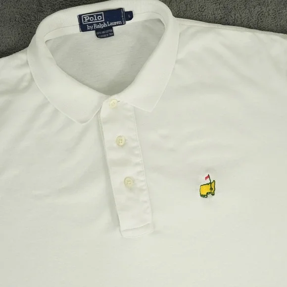VTG Polo Ralph Lauren Polo Shirt Mens L White Masters Golf Logo Short Sleeve