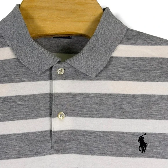 Polo Ralph Lauren Polo Shirt Mens L Grey Striped Classic Fit Golf Pony Preppy