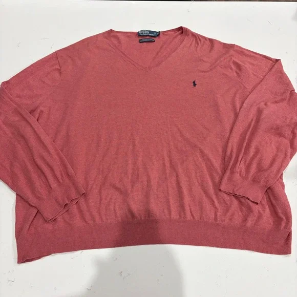 Polo Ralph Lauren Pima Cotton V-Neck Sweater Mens 5XB Big Salmon Pink Pony Logo