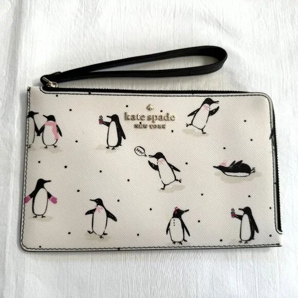 Kate Spade STACI Festive Penguins Printed Medium Wristlet L Zip Zipper