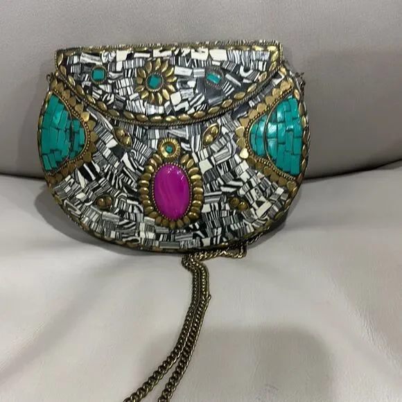Mosaic Patterned Clutch with Gold Chain