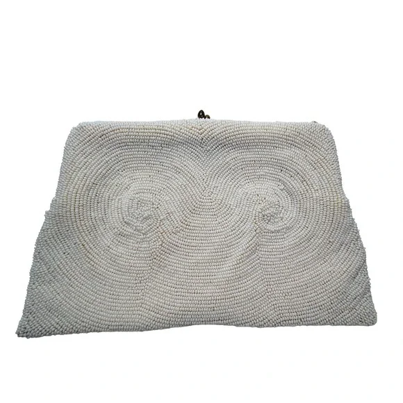 Vintage Made in Belgium White Beaded Clutch Kiss Lock Evening Bag - BH