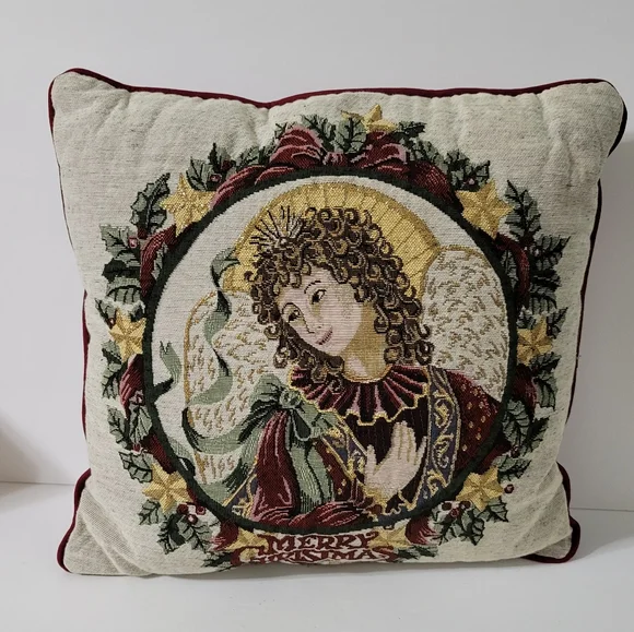 Vintage Tapestry Merry Christmas Angel Throw Pillow