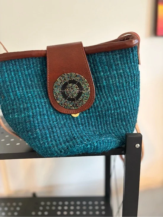 Teal Woven Clutch with Brown Leather Trim and Beaded Accent