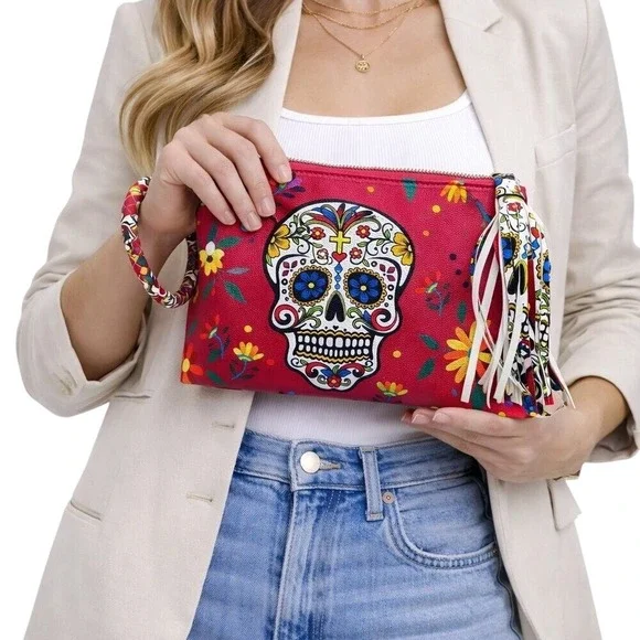 *NWOT* Sugar Skull Wristlet Clutch Women Red Day of the Dead‎ Tassel Bag