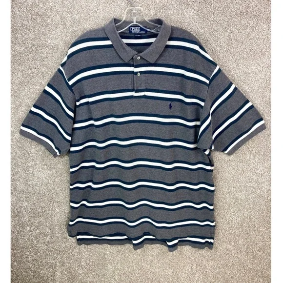 Polo Ralph Lauren Vintage Striped Preppy Polo Shirt Men XXL Grey Navy Ivy League