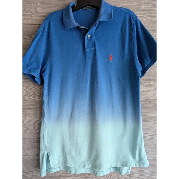 Polo Ralph Lauren Polo Shirt Mens Medium Blue Dip Dye Ombre Mesh Classic Fit