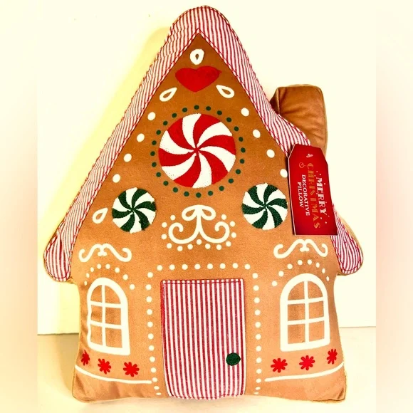 Christmas Gingerbread House Shaped Throw Pillow Cushion Peppermint Candy