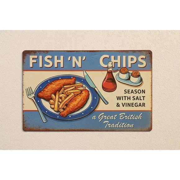 Fish N Chips Metal Sign, 8 X 12,‎ British Tradition Rustic-looking
