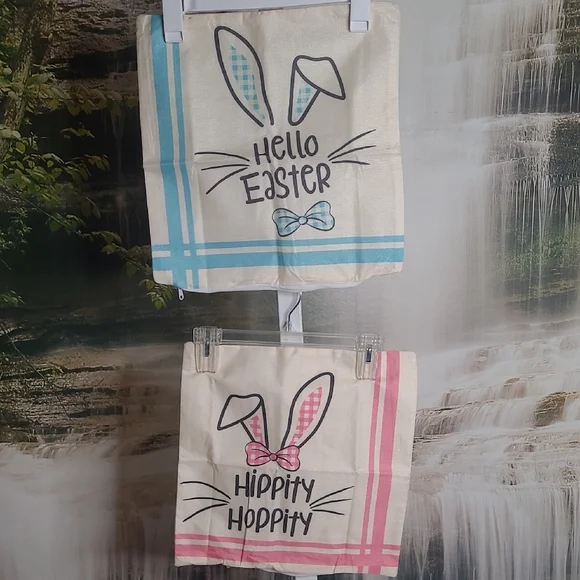 New! Set of 2 Pink Blue Striped Easter Bunny Decorative Soft Burlap Pillow Cover